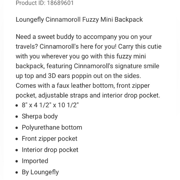 LOUNGEFLY CINNAMROLL FUZZY BACKPACK NEW WITH TAGS main image 12